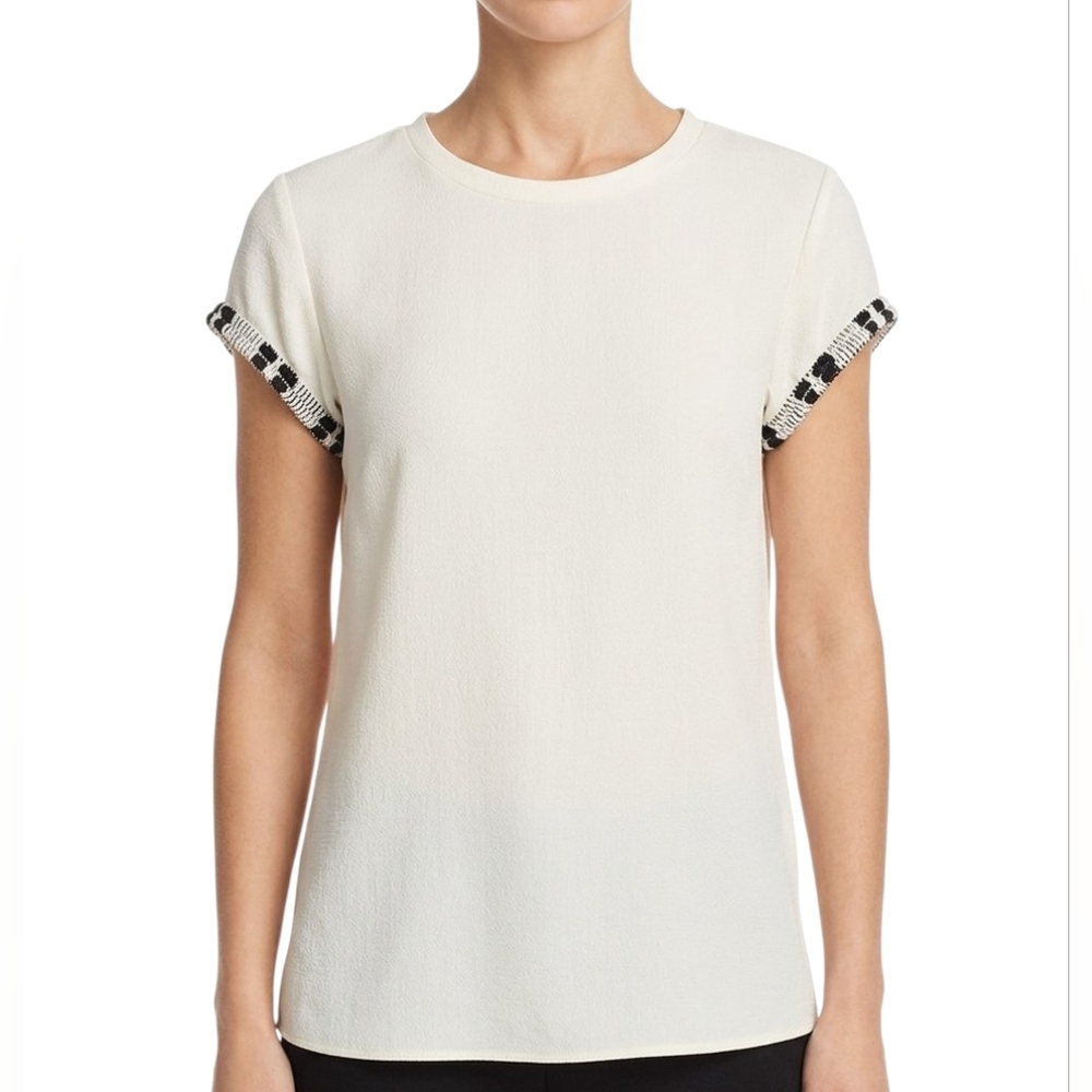 Maje Rope Trim Blouse Top Short Sleeve Ivory Size 2 / Size M‎